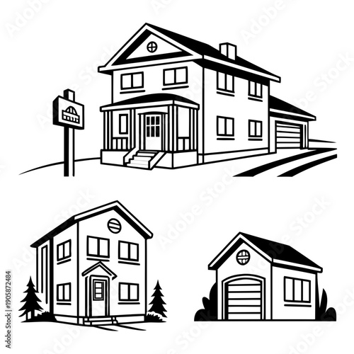 A set of three house designs with different features Vector