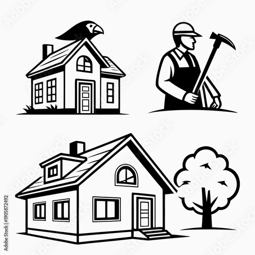 A man with a pickaxe and two houses Vector