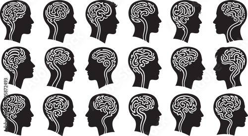 Black silhouettes of human heads with brains visible inside