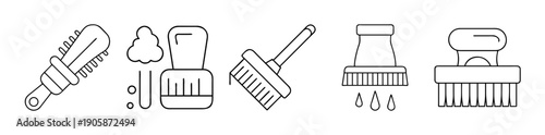 Outline icons of various cleaning and hygiene brushes set