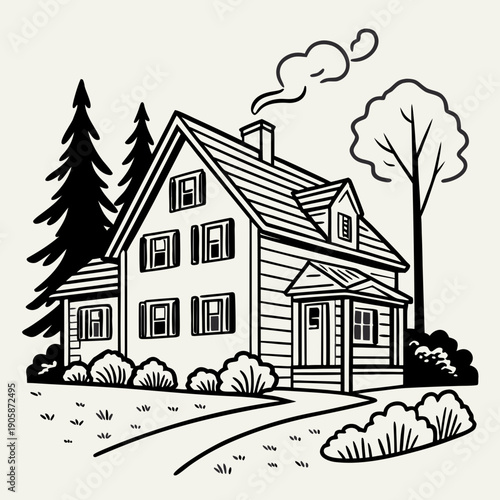 A house with a chimney and trees in the background Vector