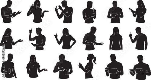 Silhouettes of people in various poses and gestures