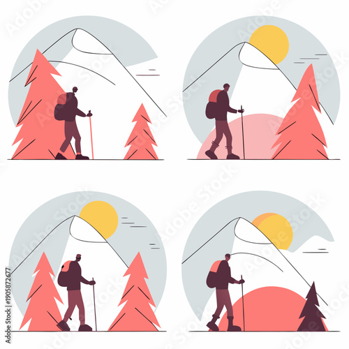 Hikers in different scenic mountain landscapes Vector