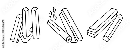 Various wood logs and lumber pieces line art illustration set