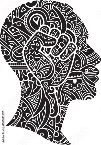 Intricate Black and White Tribal Style Human Head Silhouette