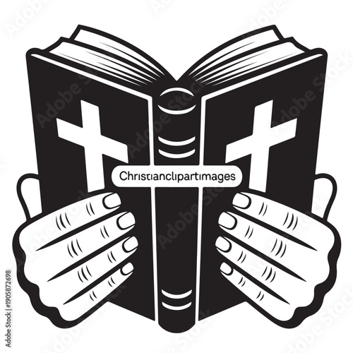 Hands holding open holy book with cross symbols representing religious faith scripture study and spiritual devotion