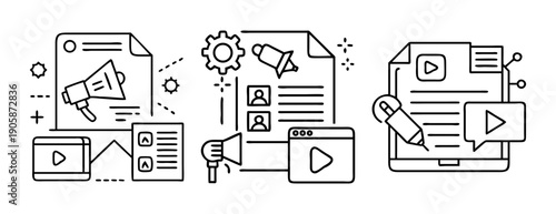 Digital content marketing strategy and media promotion icons