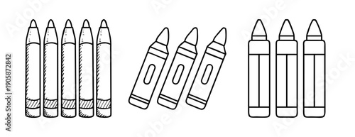 A black and white line art illustration of assorted art crayons