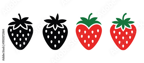 Strawberry fruit icon set featuring black outlines and bright red berries, modern vector symbols for fruit illustrations, nutrition guides, recipe books, menus, and social media graphics.