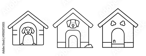 Simple line art icons of dog houses with and without dogs