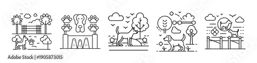 Dog park, pet care, and outdoor activity linear vector icon set