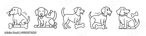 Collection of cute happy dogs with bones outline vector icons