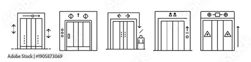 Modern line art icons depicting various elevator door states