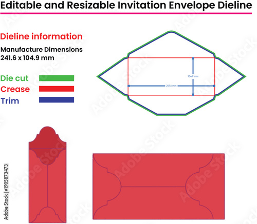Invitation Envelope Dieline Template With Cut Crease and Trim Lines die cut