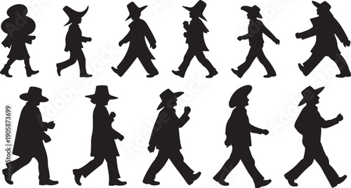 Silhouettes of people walking in various poses and styles