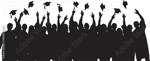 Graduates Celebrating with Cap Toss Silhouette Illustration