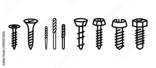 Assortment of common screws and drill bits vector illustration for hardware and construction, flat and modern tool icons for engineering, home improvement, repair manuals, and digital graphics.