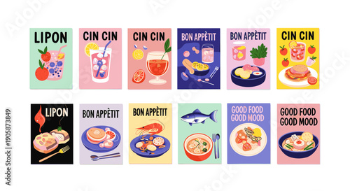 A collection of twelve blurry cartoon stickers with various designs and colors.