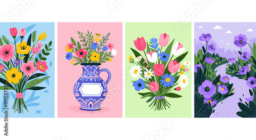Vibrant floral arrangements in various pastel colored backgrounds and vases.