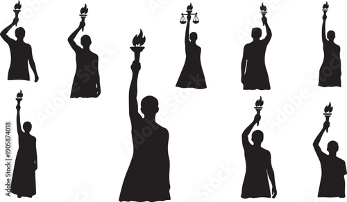 Silhouettes of women holding torches in various poses and angles