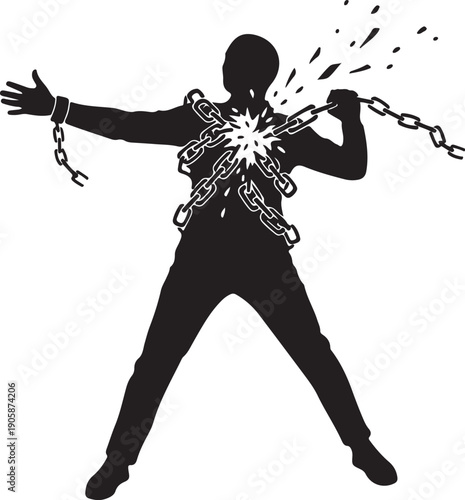 Silhouette of a person breaking free from chains strongly