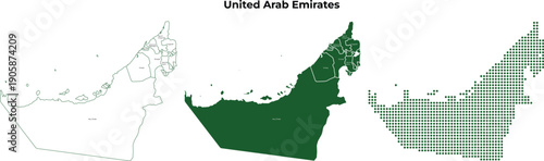United Arab Emirates vector map set in outline solid dark green and light green fill isolated on white
