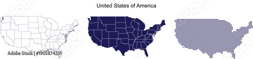 USA Map Vector Set Outline Dark Blue Fill and Light Blue Filled United States of America Maps