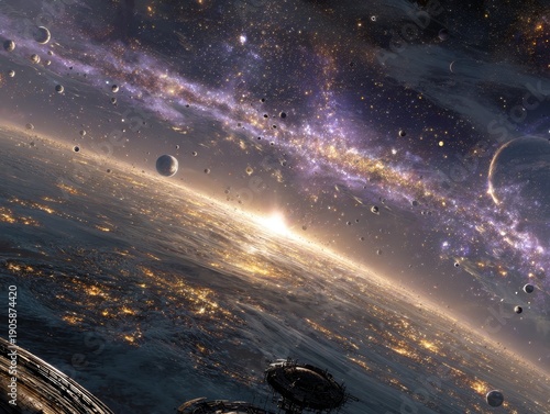 Stunning galaxy landscape with vibrant planets and stars shining brightly in space