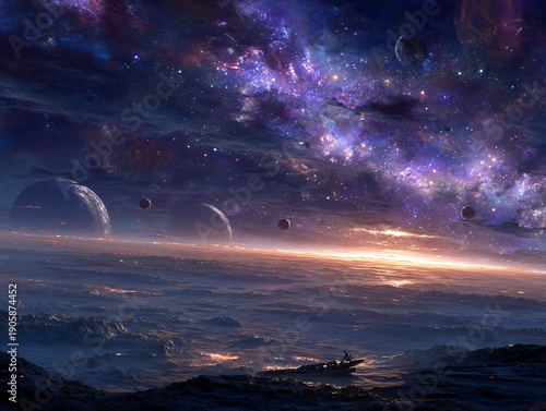Stunning galaxy landscape with vibrant planets and stars at sunset