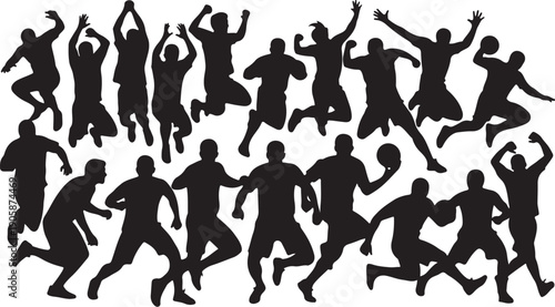 Silhouettes of people jumping and celebrating in various poses