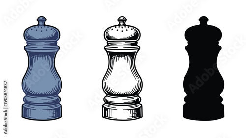 Three pepper grinders are shown in different styles and colors.
