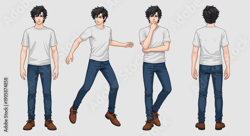 Anime-Style Young Man Modeling Casual Fashion: A Versatile Character Design for Visual Novels, Games, and Educational Resources, Featuring Front, Side, and Back Poses