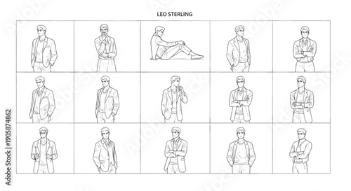 Line Art Sketches of Leo Sterling: Exploring Fashion Poses and Character Design for Storyboarding, Animation, and Graphic Novels with a Modern Man in Various Stylish Outfits