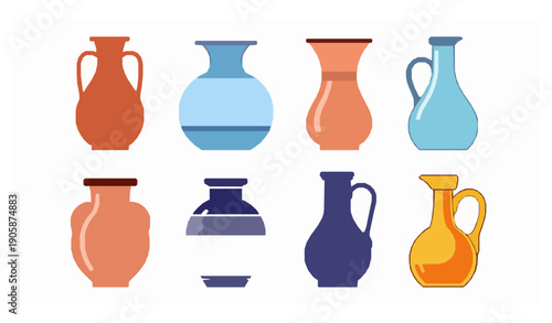 Pottery vase vector set with ceramic porcelain clay and glass decorative vessels