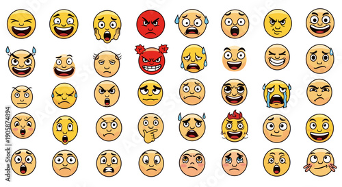 Diverse Emoji Emoticons: Expressive Faces for Digital Communication and Design, Showcasing a Range of Emotions from Joy to Anger for Social Media and Creative Projects