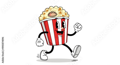 Retro Popcorn Character on the Run: A Nostalgic and Humorous Illustration for Film, Entertainment, and Snack-Related Designs, Perfect for Themed Events and Playful Marketing Campaigns