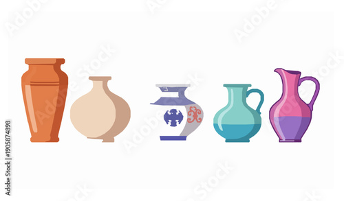 Colored pottery vase cartoon vector set with ceramic porcelain and glass vessels isolated on white