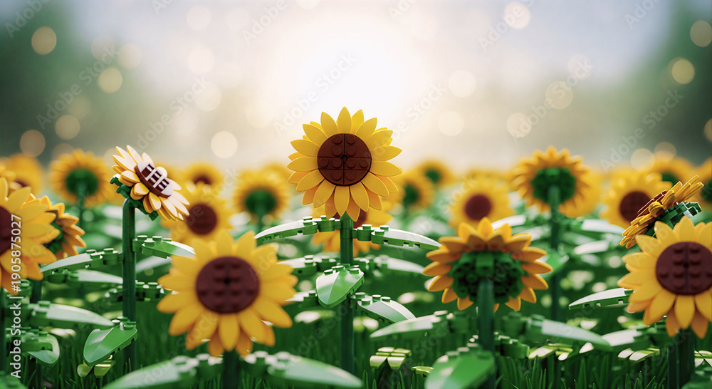 Naklejka premium Lego sunflower field on bright sunny day