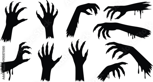 Zombie monster hand silhouettes illustration with claw-like fingers, torn wrists, black and white artwork, horror, Halloween, undead, creepy design concept