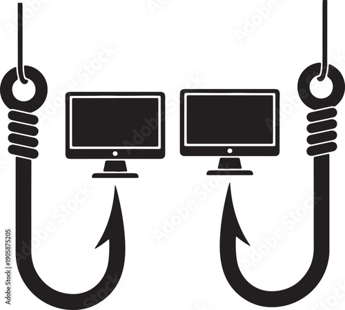 Two computer monitors on fishing hooks isolated on transparent background
