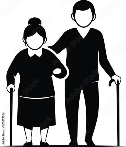 Silhouette of a young man assisting an elderly woman with a walking stick, representing care, support, and generational connection