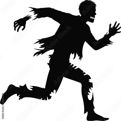 Zombie silhouette illustration running with tattered clothing, jagged edges, open mouth, black and white artwork, horror, Halloween, undead design concept