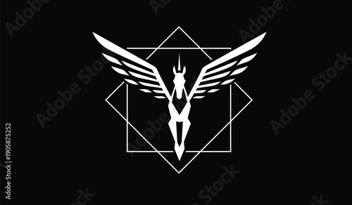 White Pegasus Winged Horse Emblem Silhouette on Black Background, Geometric Shapes, Minimalist Logo Design
