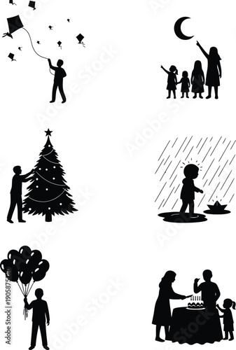 Minimalist family silhouette collection featuring childhood activities like flying kites, decorating Christmas trees, and celebrating birthdays in flat vector style