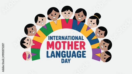 Cheerful cartoon children in colorful clothing celebrating International Mother Language Day, symbolizing cultural diversity, unity, and linguistic heritage