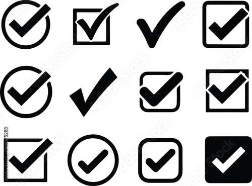 Set of 12 black check marks or ticks in various styles, including circles and squares, isolated on white background