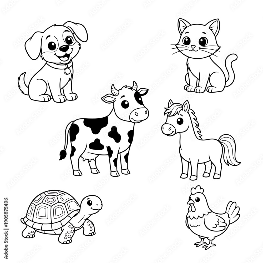 Obraz premium Charming collection of various cartoon farm animals and beloved domestic pets, presented as delightful black and white line art perfect for children's coloring pages and educational activities