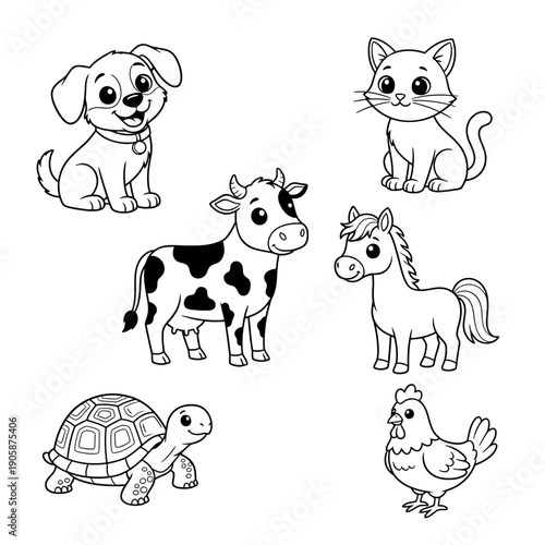 Charming collection of various cartoon farm animals and beloved domestic pets, presented as delightful black and white line art perfect for children's coloring pages and educational activities