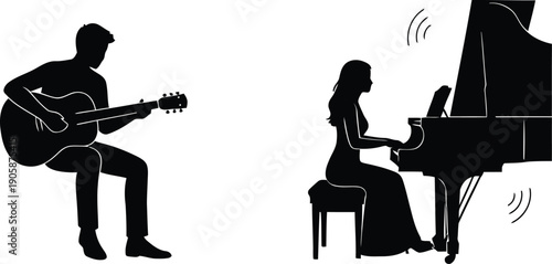 Minimalist vector silhouette of a man playing acoustic guitar and a woman playing a grand piano, representing musical talent and performance.