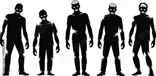 Zombie silhouettes illustration with exposed brains, torn clothing, grotesque poses, black and white artwork, horror, Halloween, undead, scary, eerie design concept
